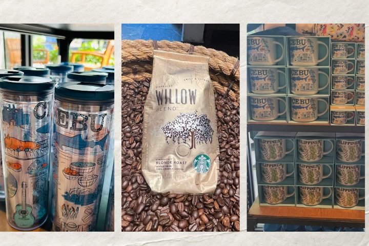 セブ限定スターバックスグッズの写真。左は「CEBU」と描かれたイラスト入りタンブラーが並ぶ様子。中央はコーヒー豆の上に置かれたスターバックスのコーヒー豆パック。右は「CEBU」や「PHILIPPINES」とデザインされたマグカップが棚に整然と並んでいる。