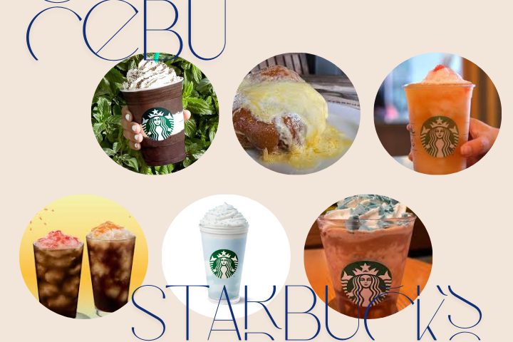 セブのスターバックスをテーマにしたビジュアル。丸く切り抜かれた6枚の写真に、フラペチーノやアイスドリンク、ペストリーなどが写っている。手に持ったドリンクや店内提供の様子が並び、背景には「CEBU」「STARBUCKS」の文字がデザインとして配置されている。