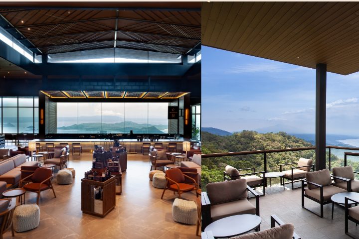 海を望む高級リゾートのラウンジ空間。左は天井が高く開放感のある屋内ラウンジで、ゆったりしたソファ席と大きな窓の向こうに海と島々が見える。右は屋外テラス席で、ソファとテーブルが並び、青い海と緑の丘を一望できる。