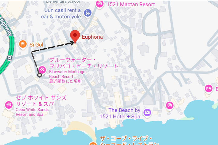セブ島マクタン島マリバゴ地区にあるブルーウォーター・マリバゴ・ビーチ・リゾートからEuphoriaへのアクセスマップ
