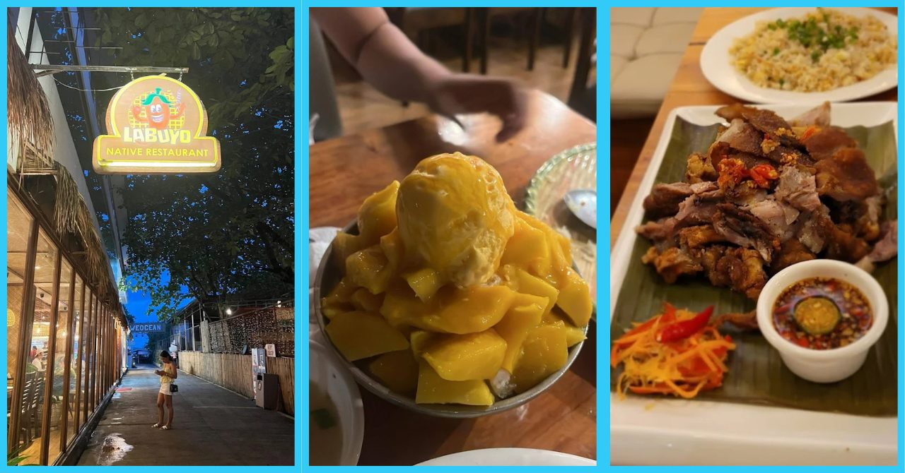 セブ島マクタン島のLabuyo Native Restaurantで楽しめるレストラン外観、マンゴーを使ったデザート、伝統的なフィリピン料理