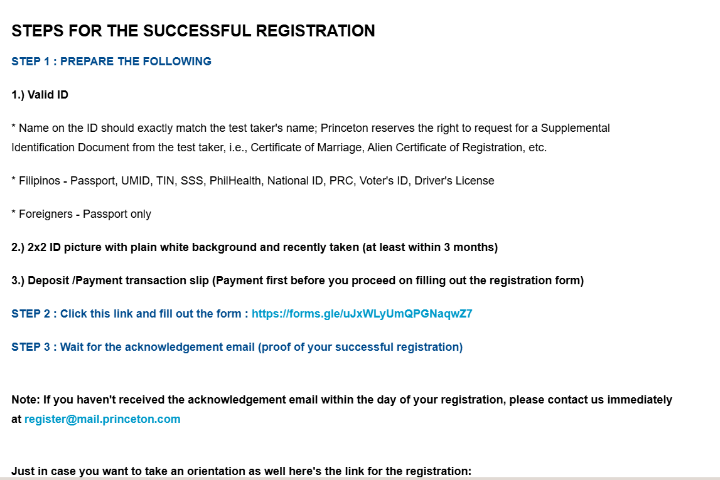 セブ島でTOEICを申し込む際に必要な書類(有効ID、2×2証明写真、支払い証明)が記載された案内
