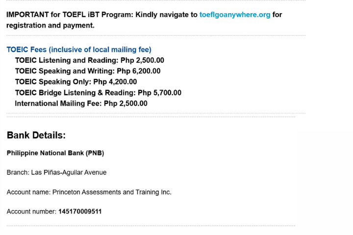フィリピンでのTOEIC Listening and Reading受験料と銀行振込先が記載された公式案内