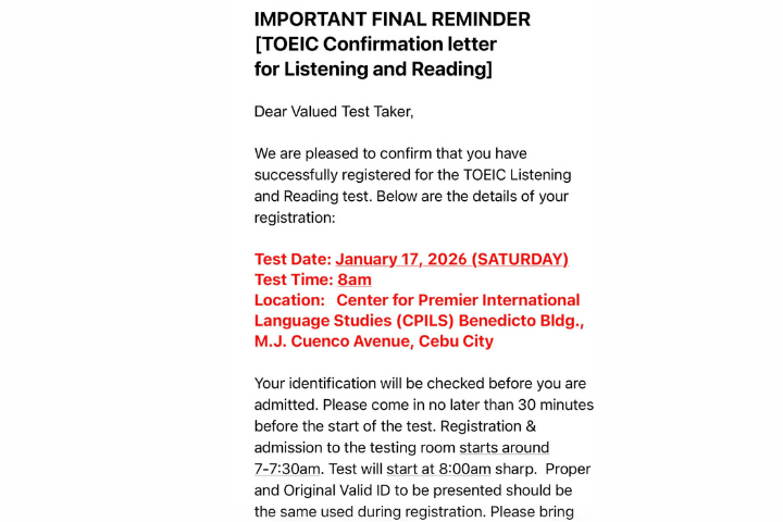 セブ島CPILSでのTOEIC受験日時と会場が記載された確認メール