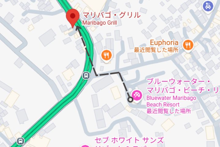 マリバゴ・グリルからブルーウォーター・マリバゴ・ビーチ・リゾートまでの徒歩ルートを示した地図